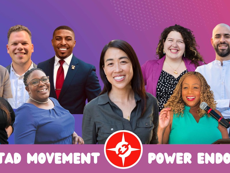 a graphic shows candidates endorsed by Amistad Movement Power (mentioned in the article) with a purple and pink background